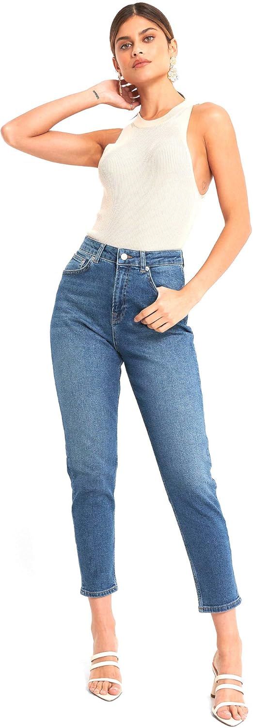 NA-KD Damen Comfort Mom Jeans 36 Mittelblau, 36 Mittelblau
