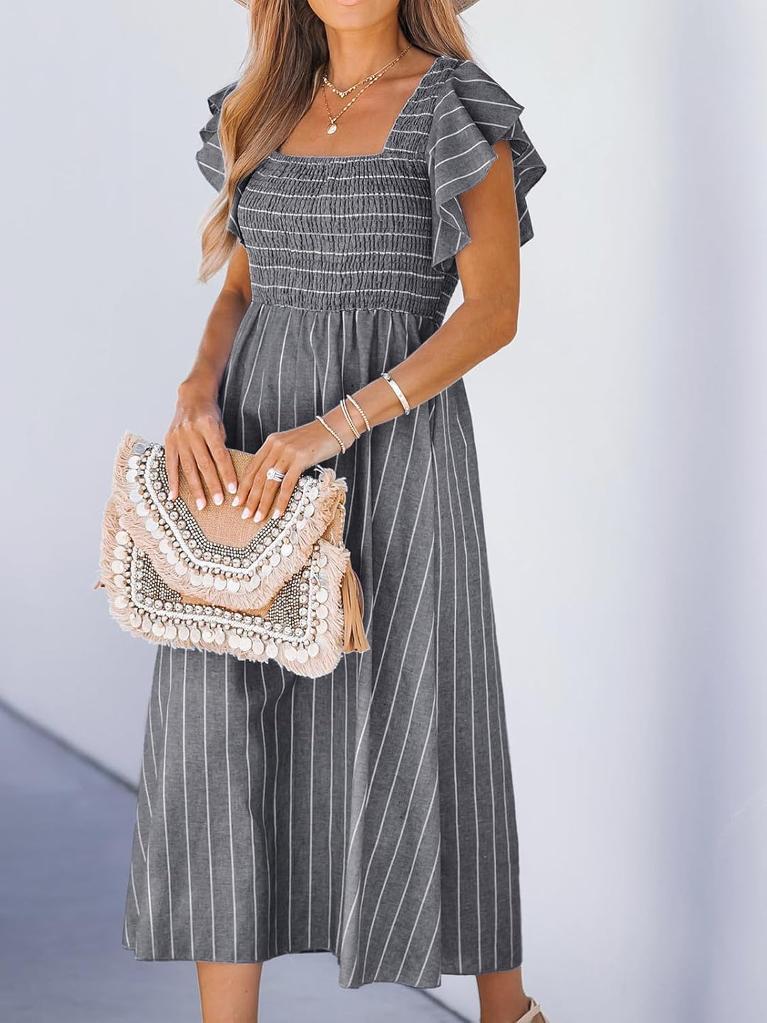 CUPSHE Damen Sommerkleid Quadratischer Ausschnitt Volantärmel Nadelstreifen A Linie Gesmoktes Maxikl