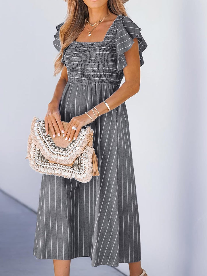 CUPSHE Damen Sommerkleid Quadratischer Ausschnitt Volantärmel Nadelstreifen A Linie Gesmoktes Maxikl