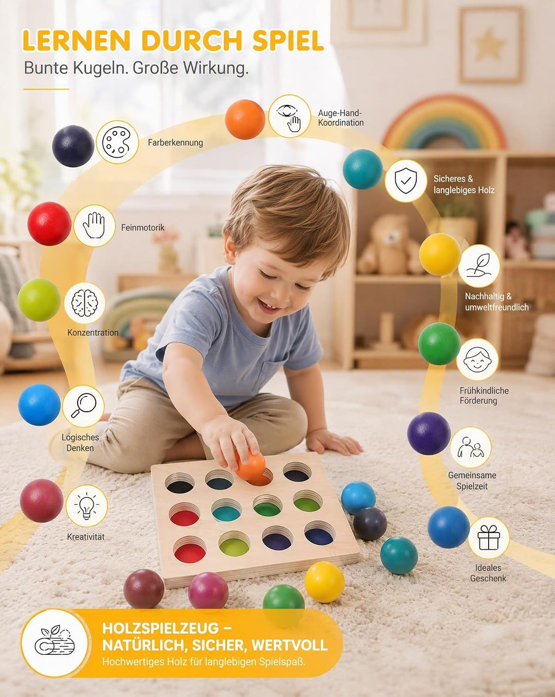 BESTonZON Montessori Holzspielzeug Farbsortierung Lernspiel für Kleinkinder, Regenbogen Sortierbrett
