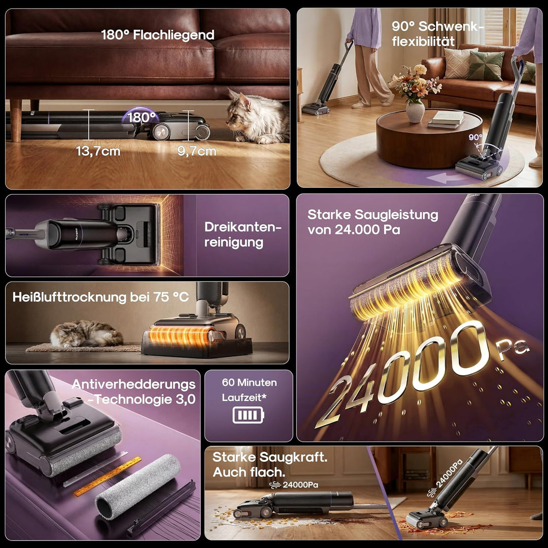 Eureka FloorShine 830 Nass Trockensauger Akku für Hartböden, 24.000 Pa Saugwischer 180° Flachliege,