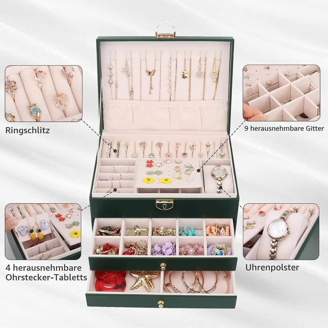 Schmuckkasten, Schmuckkästchen mit 3 Ebenen mit Schubladen, PU-Leder Schmuckbox Schmuckschatulle Gro
