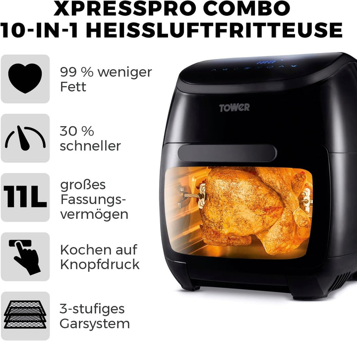 Tower T17076 Xpress Pro Combo 10-in-1 Digitale Heissluftfritteuse mit Schneller Luftzirkulation, 60-