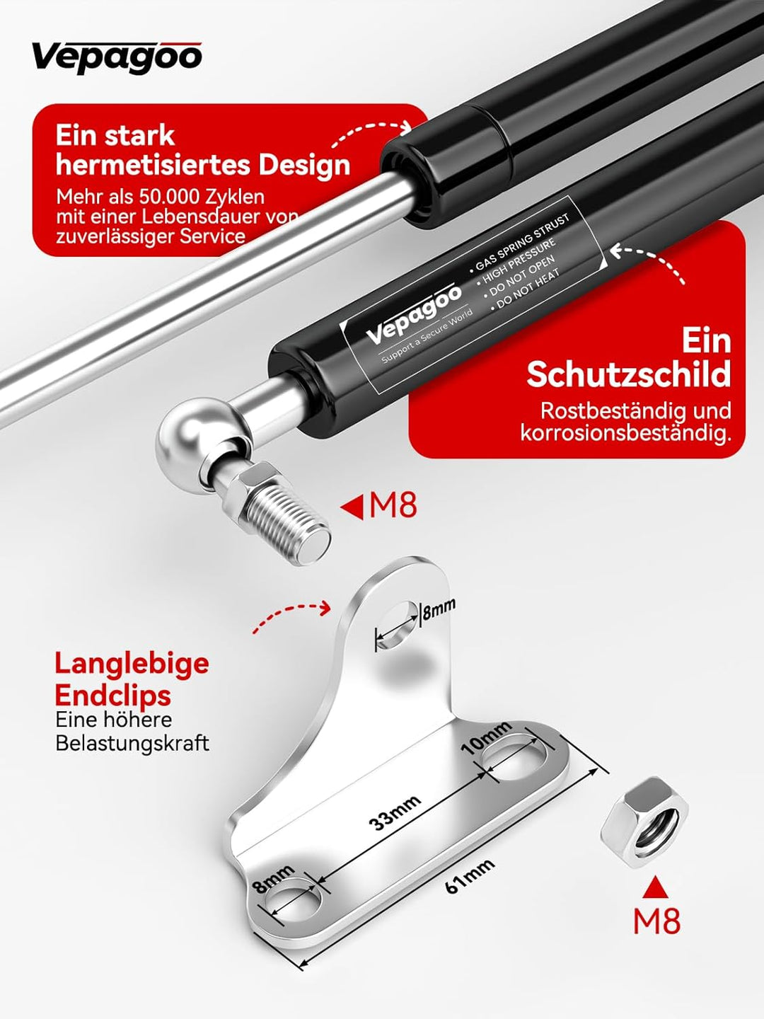 Vepagoo 500MM 450N/45KG Gasdruckdämpfer Gasdruckfeder, mit L-förmigen Gasfeder Haltern für Bootsabde