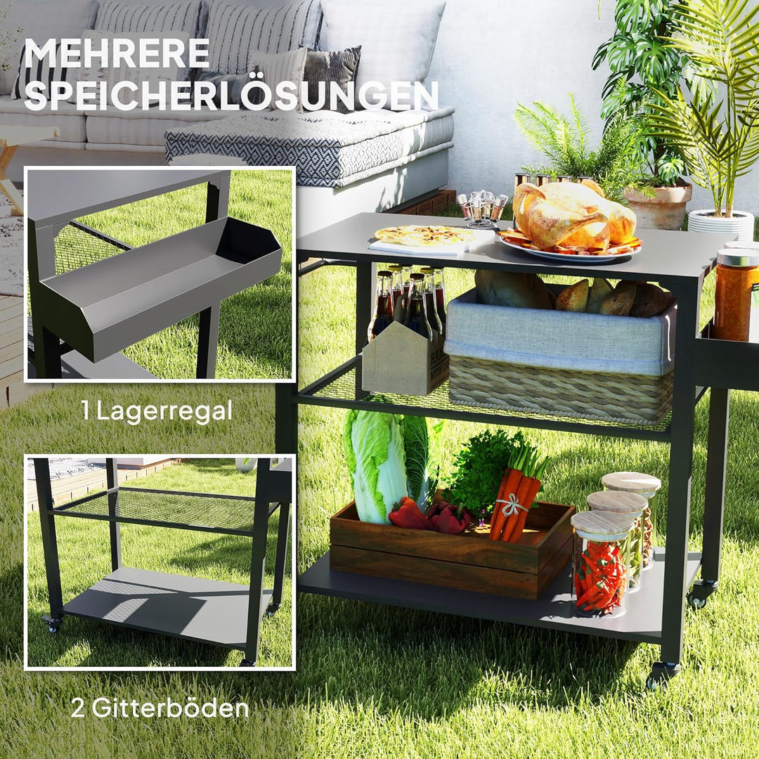 Outsunny Grillwagen 3-Etagen Servierwagen mit Arbeitsfläche Ablagen Räder, BBQ Grilltisch aus Edelst