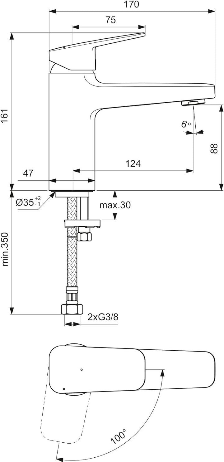 Ideal Standard BD224AA Ceraplan Waschtischarmatur ohne Ablaufgarnitur Auslaufhöhe 88mm BlueStart / o