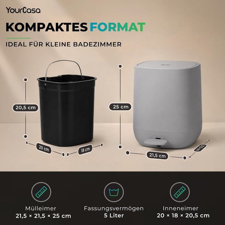 YourCasa Mülleimer Bad [5L] - Elegantes Design - Badeimer - Kosmetikeimer Badezimmer Klein - Badmüll