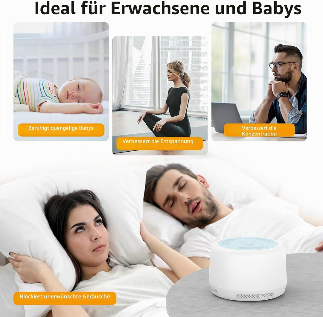 White Noise Machine Baby Einschlafhilfe und Spieluhr mit 20 Klängen, drahtlose Verbindung, Weisses R