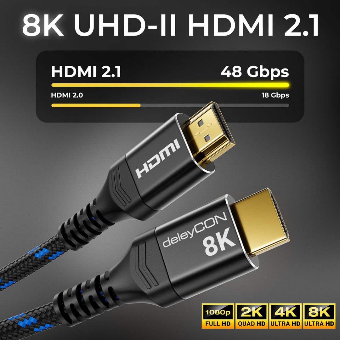deleyCON 10m 8K HDMI 2.1b Kabel (48G, ULTRA Highspeed) 8K@60Hz 4K@144Hz 120Hz 2K@144Hz/165Hz EARC HD