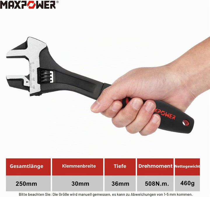 MAXPOWER verstellbarer Schraubenschlüssel 250mm Einmaulschlüssel 30mm breiter Backen verstellbarer S