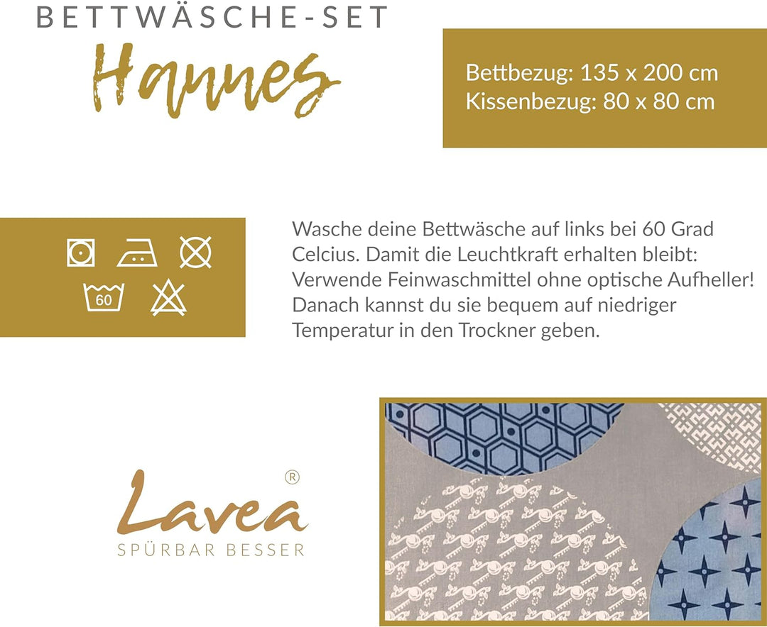 Lavea Bettwäsche Set 135 x 200 + 80 x 80, Hannes, 100% Baumwolle, 2-teilig mit Reissverschluss 135 x