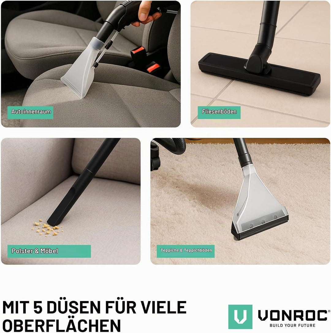 VONROC Teppichreiniger 1400W – Staubsauger Nass- und Trockensauger – Inkl. Reinigungsmittel, Staubbe