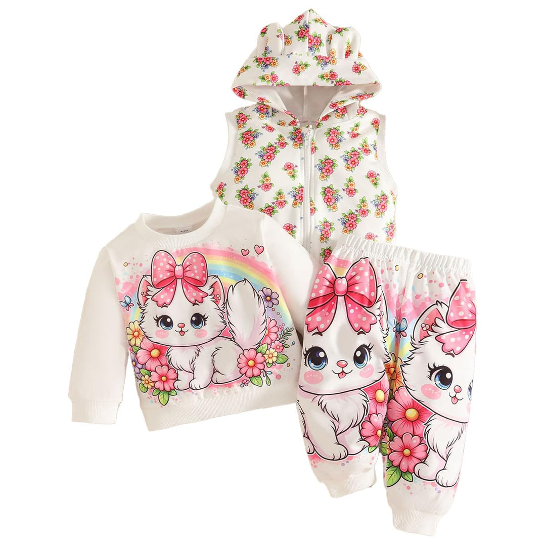 Kleinkind Baby Mädchen Outfits Top mit Hasenmotiv Geblümte Weste Hose 6-9 Monate Weiss, 6-9 Monate W
