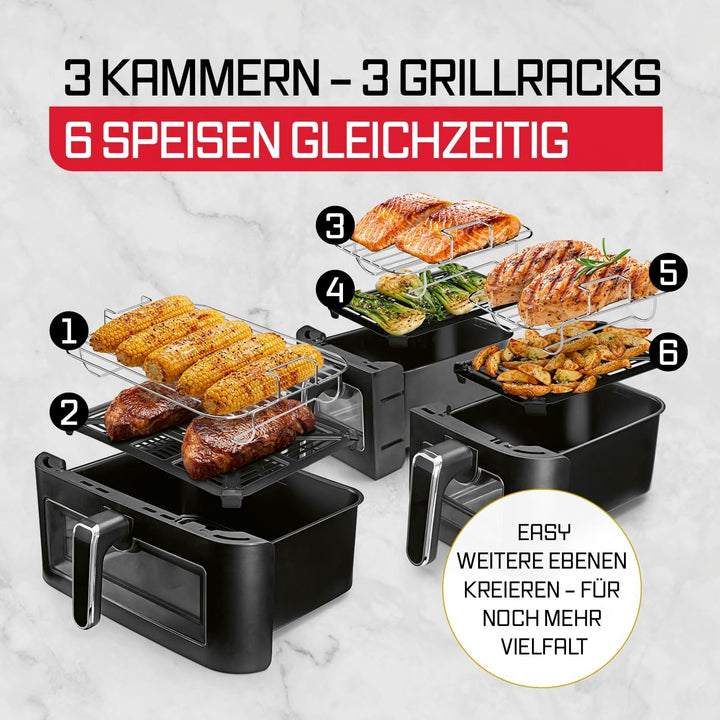 GOURMETmaxx FryUp3 Vertikale Heissluftfritteuse 3 Kammern | Airfryer XXL mit 3 Grillracks &amp; 3 Sichtf
