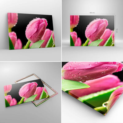 Bilder auf Leinwand 100x70cm Leinwandbild mit Rahmen Tulpe Blumen Tau Gross Wanddeko Bild Schlafzimm