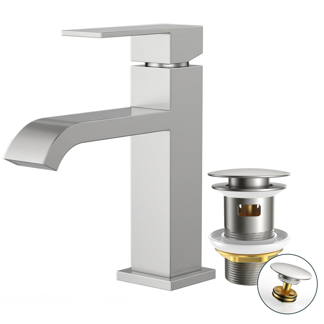 FORIOUS Waschtischarmatur mit Ablaufgarnitur, Wasserfall Wasserhahn Bad mit Auslauf Höhe 82 MM, Ecki