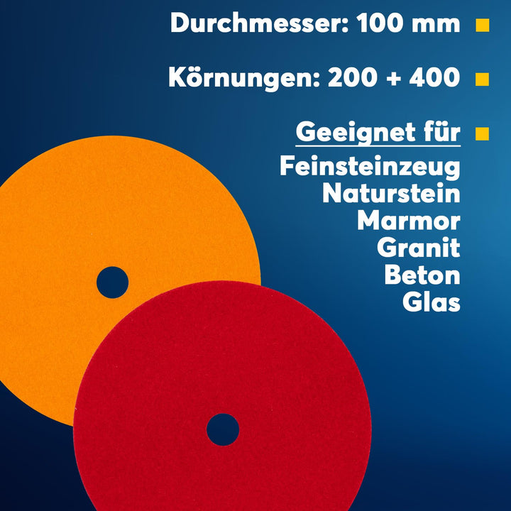 Profi Diamant-Schleifpads Spar-Set für Trockenschliff von EDW I D = 100 mm I Körnung: 200 + 400 I Kl