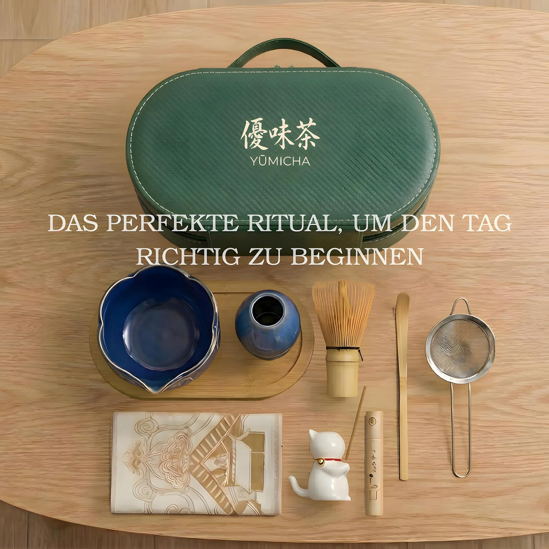 Matcha Set Komplett 10-teilig – Matcha Tee Set mit Schale, Bambusbesen (Chasen), Löffel, Halter & Au