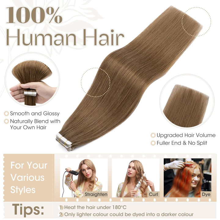 Elailite Echthaar Extensions Tape in #6 Mittelbraun 20 stück Invisible Kleber Haarverlängerung Klebe