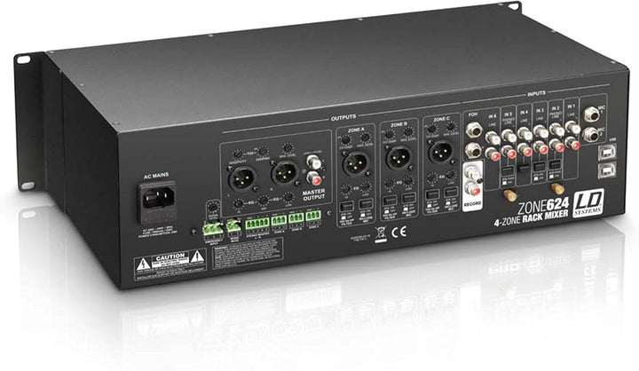 LD Systems ZONE 624-19" 4-Zonen Mixer mit 2 Mikrofonkanälen und 3HE, schwarz 4-Zonen Mixer 3HE, 4-Zo