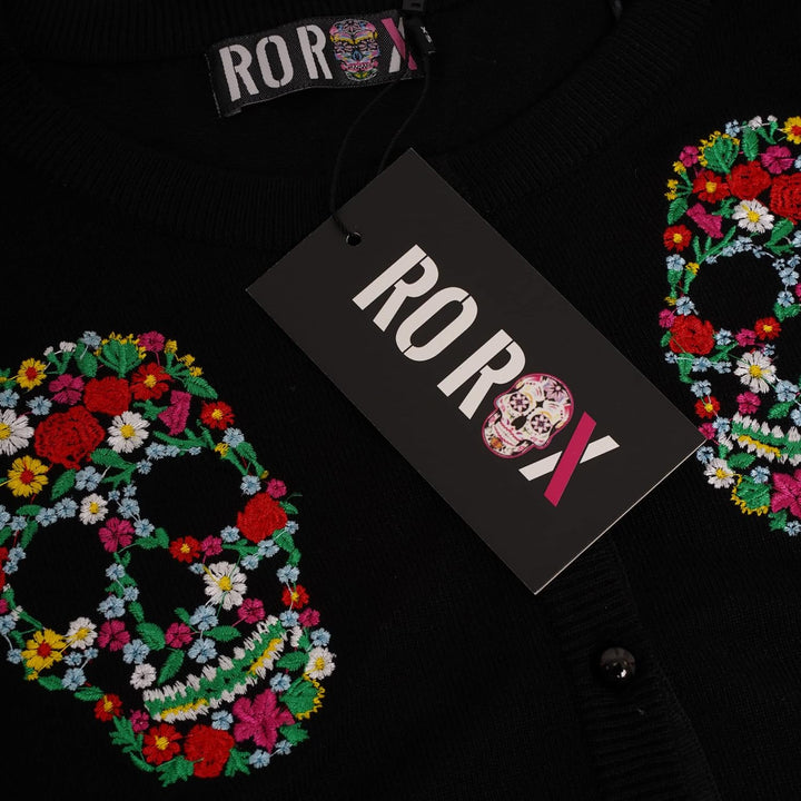 Ro Rox Dee Dee Strickjacke Gotisch Blumen Schädel Stickerei Strick Langarm XS Schwarz, XS Schwarz