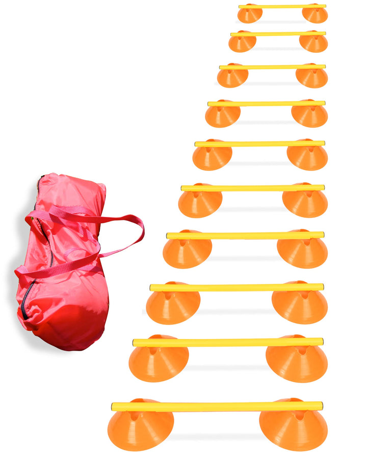 Cavaletti Mini-Hürden 10er Set – Markiermulden Orange & gelbe 50cm Stangen – inkl. Tragetasche – sic