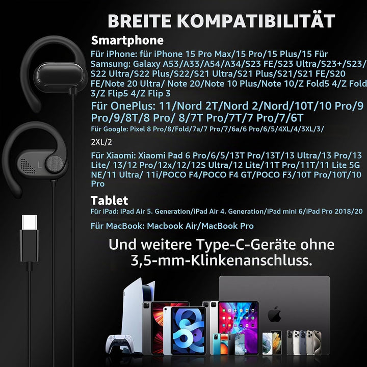 USB C Kopfhörer für iPhone 16e 17 Pro Max Pixel 9 Pro 8a,Typ C Kopfhörer Open Ear Ohrhörer und Mikro