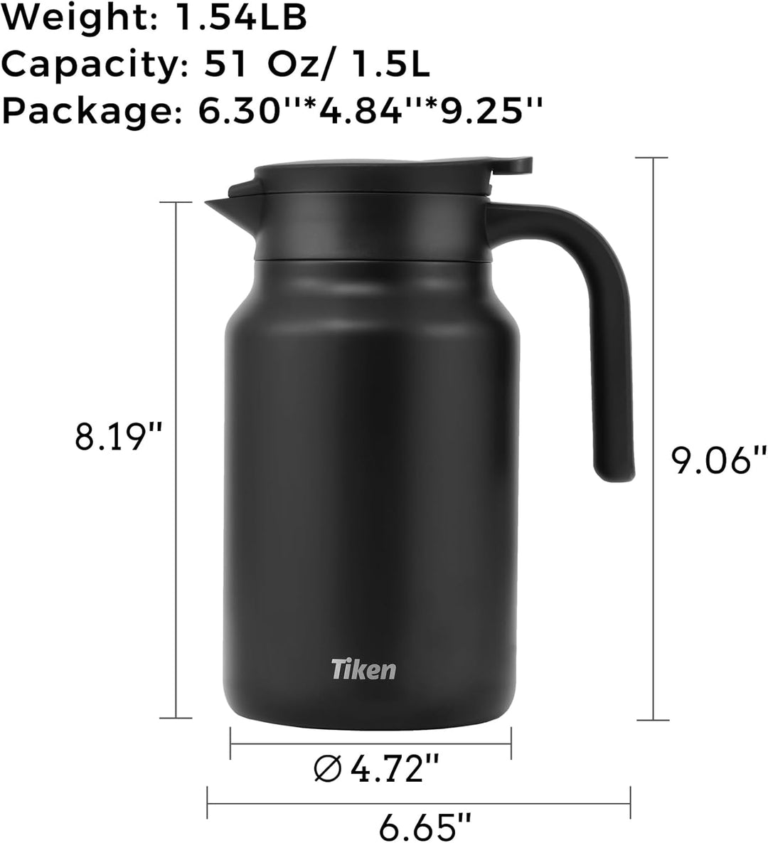 Tiken 1.5L Thermoskanne aus Doppelwandingem Edelstahl Isolierkanne Kaffeekanne mit Quick Tip Verschl