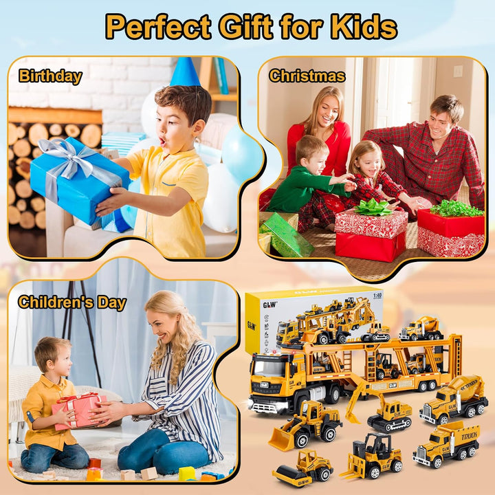 Naxudcoo Baufahrzeug Spielzeug für Kinder, LKW Spielzeugset mit Bagger, Autotransporter, Bulldozer,