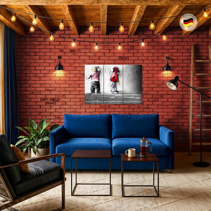 Runa Art Wandbilder Banksy Kinder Bild XXL Babyzimmer Spielzimmer Bunt Streetart 120 x 80 cm 3 Teili