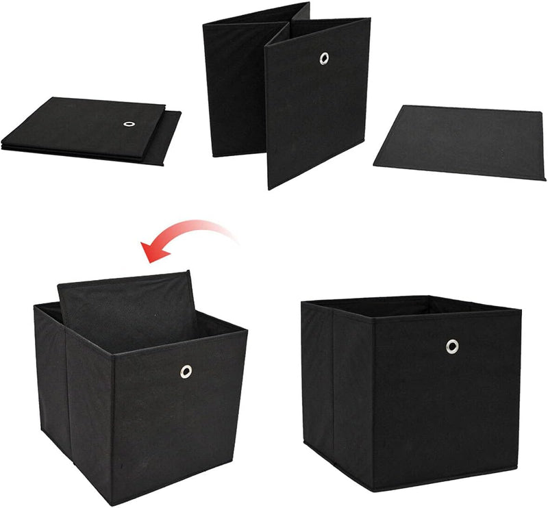 DuneDesign 4er Set Aufbewahrungsbox für Kallax Regal - 33x38x33 Stoff Box mit Öse - Faltbox Schwarz