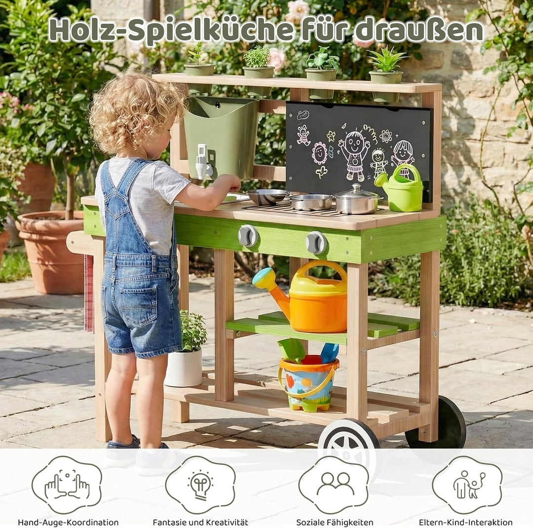 MAMIZO Matschküche Kinder Outdoor aus Holz, Tannenholz, mit Rädern Wassertank Spüle Wasserhahn Pflan