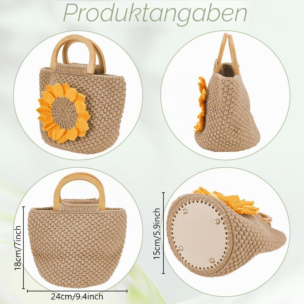 FREEBLOSS Gehäkeltes Sonnenblumen Taschenset Sonnenblumentasche Mit Holzgriff Häkelset Für Anfänger