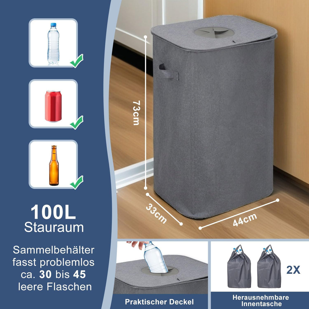 Pfandflaschen Sammelbehälter 100L mit Deckel & 2X Tragetasche, Behälter Leergut & Altglas Aufbewahru