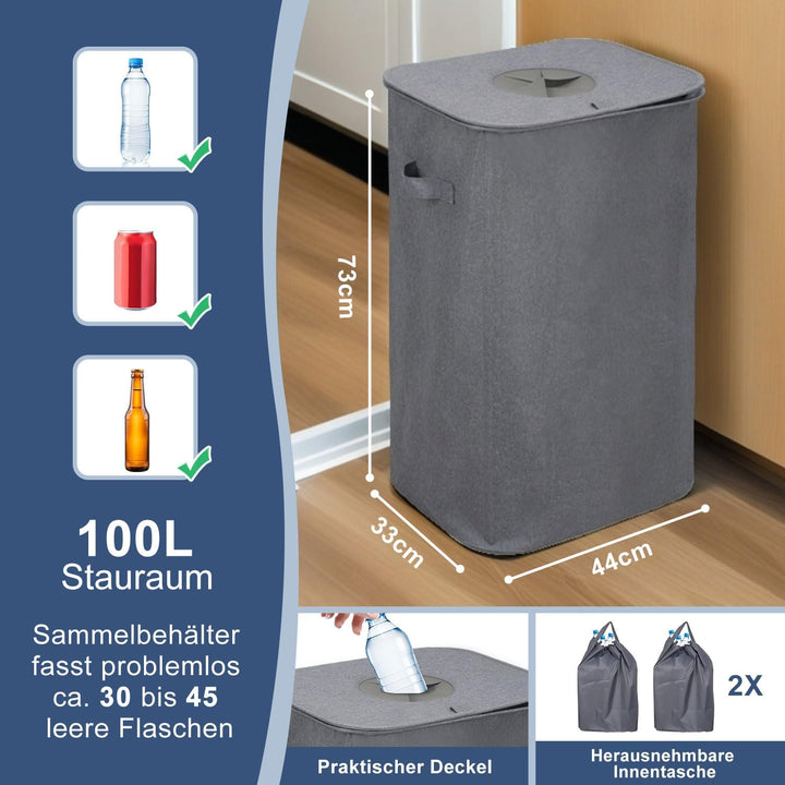Pfandflaschen Sammelbehälter 100L mit Deckel & 2X Tragetasche, Behälter Leergut & Altglas Aufbewahru