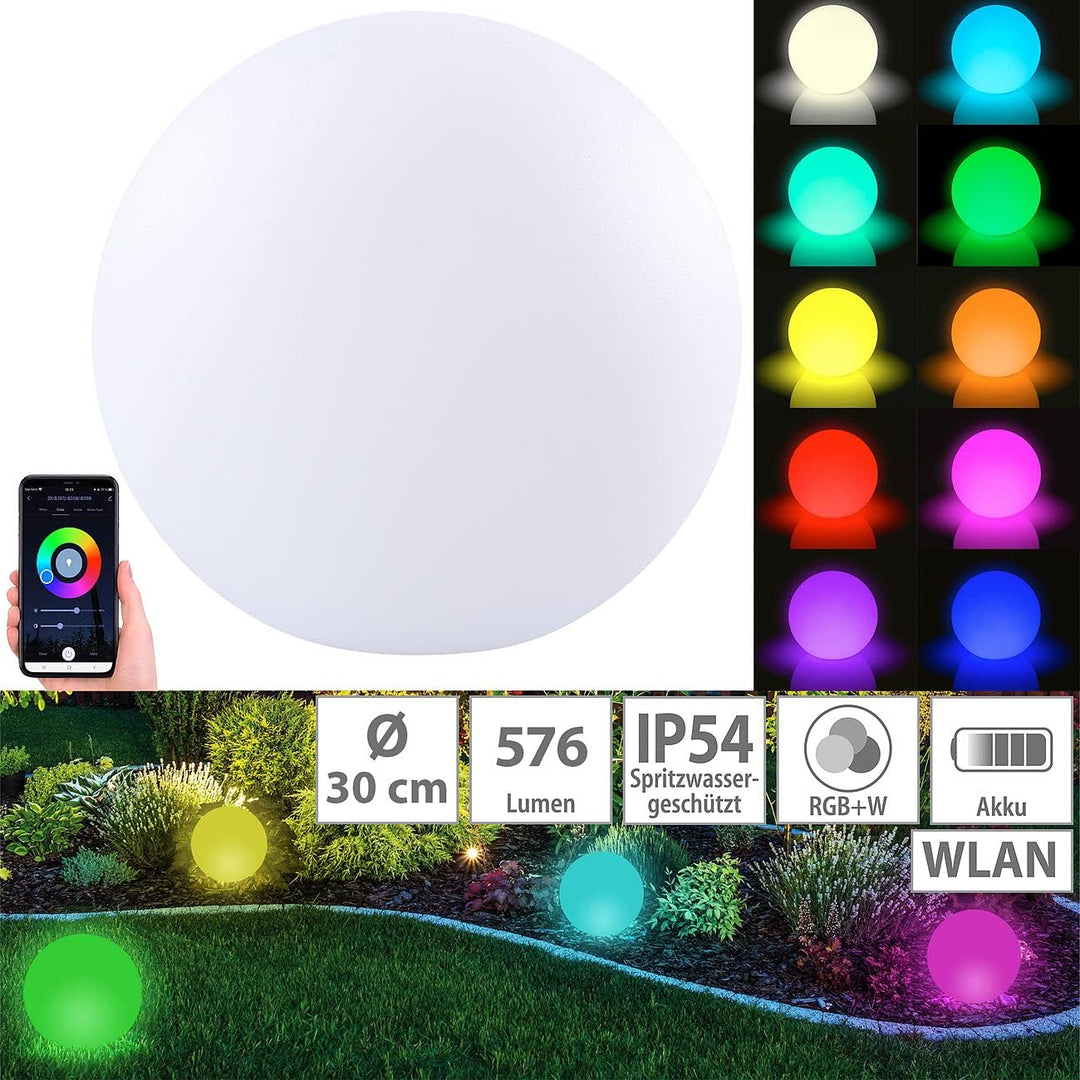 Luminea Home Control Leuchtkugeln: WLAN-Akku-Leuchtkugel mit RGBW-LEDs und App, 576 lm, IP54, Ø 30 c