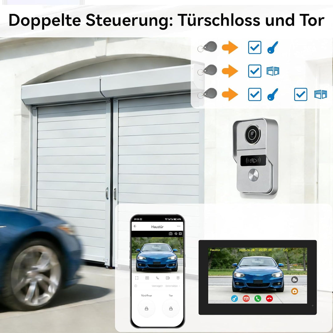 Video Türklingel mit Kamera, 2-Draht, Türsprechanlage mit 7" Farb-Touchscreen, Entsperren und Zwei-W