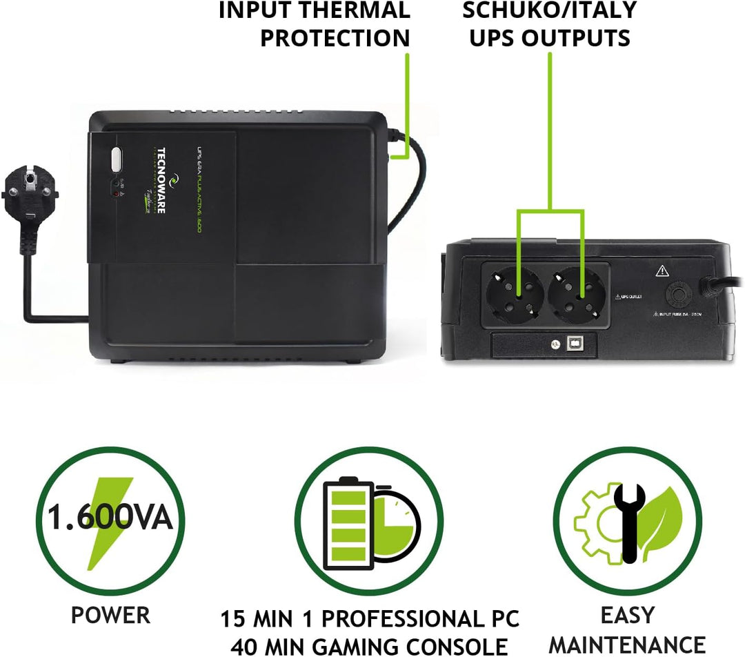 Tecnoware UPS ERA PLUS ACTIVE 1600, Unterbrechungsfreie Stromversorgung 1600 VA, Blackout-Schutz für