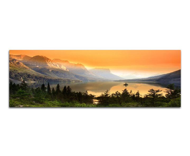 Paul Sinus Art Panoramabild auf Leinwand und Keilrahmen 150x50cm Nationalpark Bergsee Berge Wald Abe