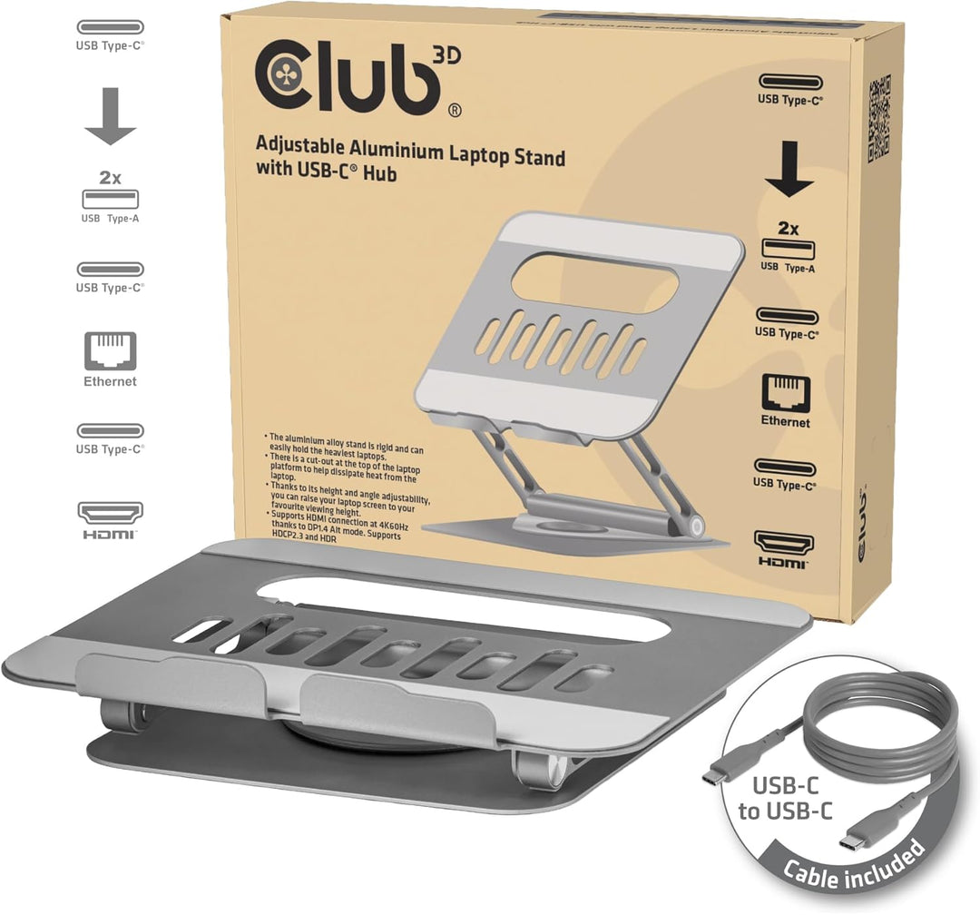 Club3D CSV-2554 Verstellbarer Aluminium-Laptop-Ständer mit USB-C® Hub, CSV-2554