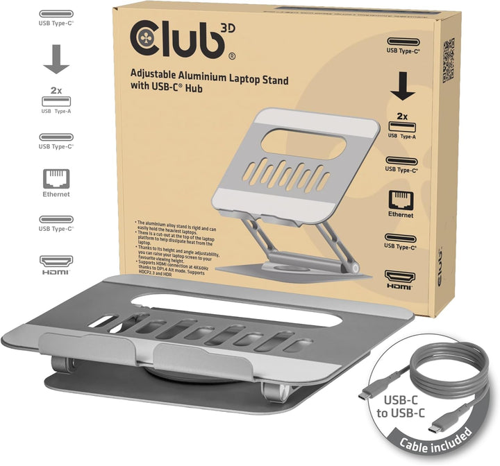 Club3D CSV-2554 Verstellbarer Aluminium-Laptop-Ständer mit USB-C® Hub, CSV-2554