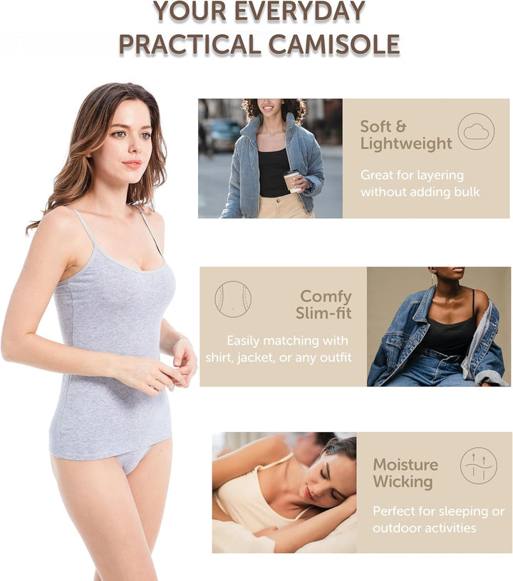 Comfneat Damen 4-Pack Spaghetti Tops Slim-Fit Verstellbare Träger Camisole Baumwolle Elasthan Unterh