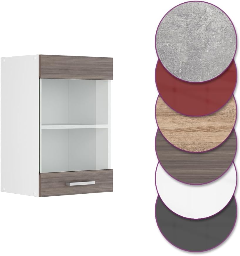 Vicco Küchenschrank Glas R-Line, Grau/Weiss, 40 cm Grau Hängeglasschrank 40cm, Grau Hängeglasschrank
