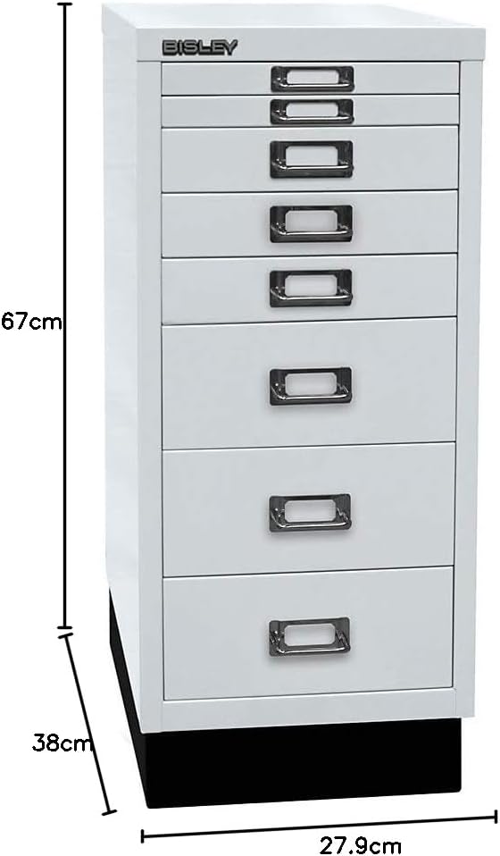 BISLEY MultiDrawer, 29er Serie mit Sockel, DIN A4, 8 Schubladen, Metall, 645 Lichtgrau, 38 x 27.9 x