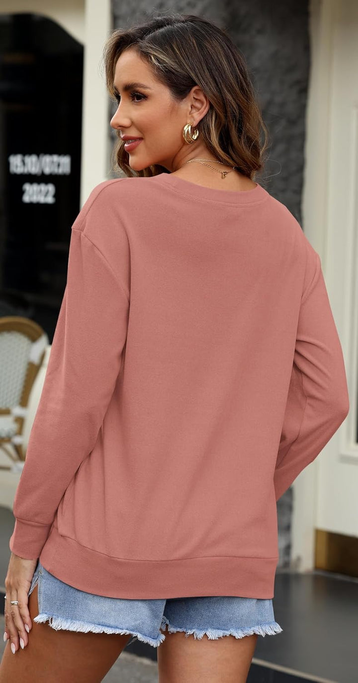 WNEEDU Damen Langarmshirts Lässige Sweatshirts mit Taschen Orange Pink S, Orange Pink S