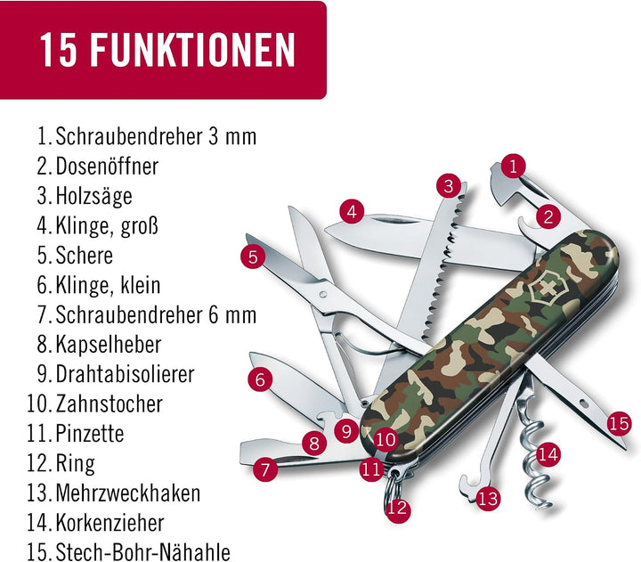 Victorinox Schweizer Taschenmesser Huntsman, Swiss Army Knife, Multitool, 15 Funktionen, Klinge, Kor