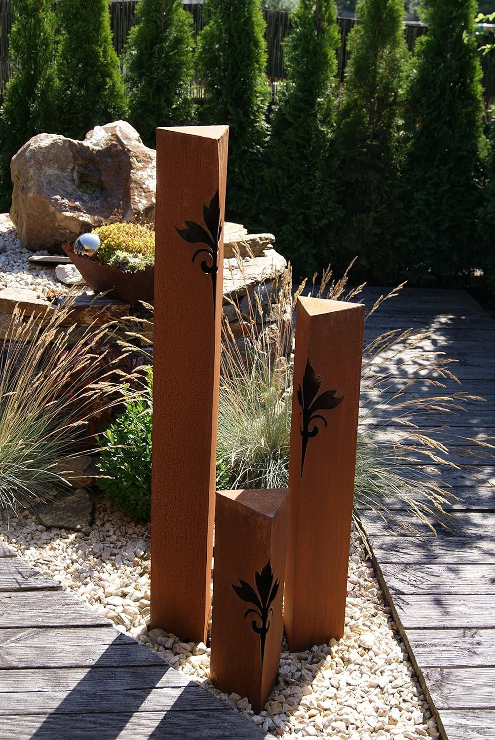 JH-Metalldesign Säulenset Lilie Edelrost Säule Set Rost Garten Dekoration Stele