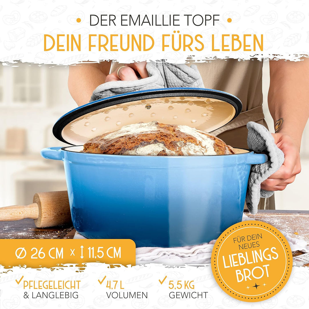 KRUSTENZAUBER Gusseisen Topf Brot Backen [inkl. Gärkorb] - Hochwertiger Emaille Topf 26cm - Idealer