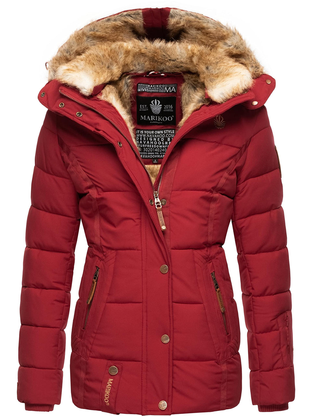 MARIKOO Damen Winterjacke warme Steppjacke mit Kunstfell Innenfutter Nekoo XS-3XL S Dark Red, S Dark