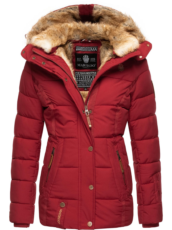 MARIKOO Damen Winterjacke warme Steppjacke mit Kunstfell Innenfutter Nekoo XS-3XL S Dark Red, S Dark
